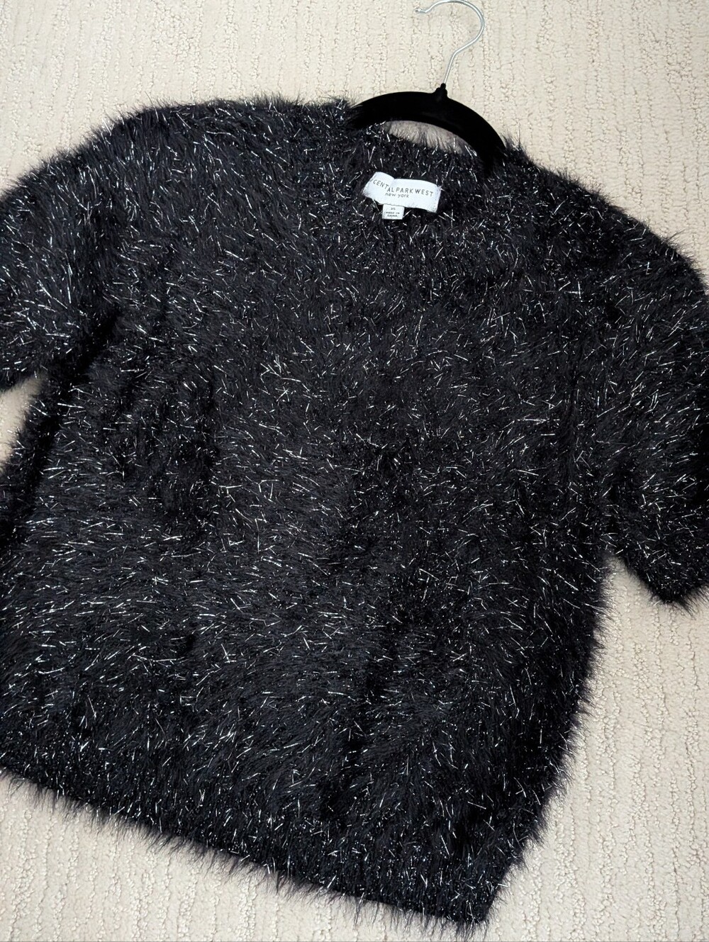 Central Park West Black Metallic Fuzzy Short Sleeve Crewneck Sweater